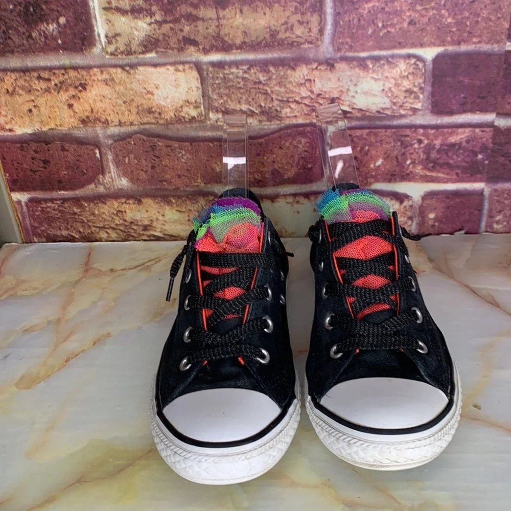 Converse All Star Black Low Top Rainbow Tulle Lace Up Canvas Sneakers